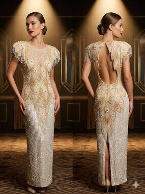 Vintage 1980s Sho Max White Gold Pearl Beaded Sequin Silk Pageant Fringe Gown L